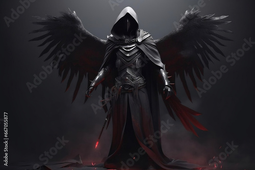 Epic fantasy character of dark assassin with black wings generative ai
