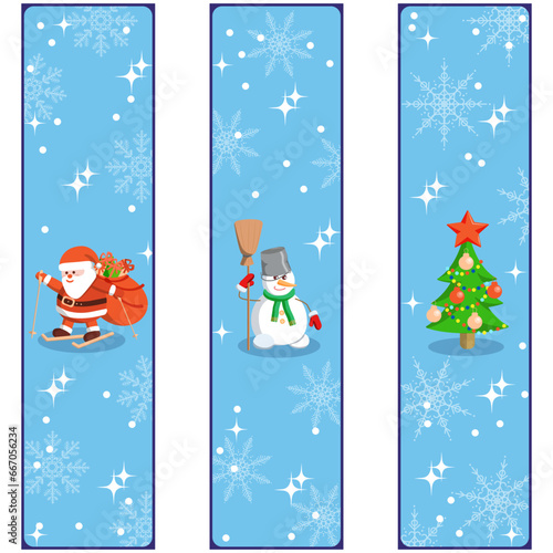 Set of Christmas bookmarks: Santa Claus, snowman and Christmas tree in blue rectangular template with snowflakes. Vector illustration for children's book, labels, poster.