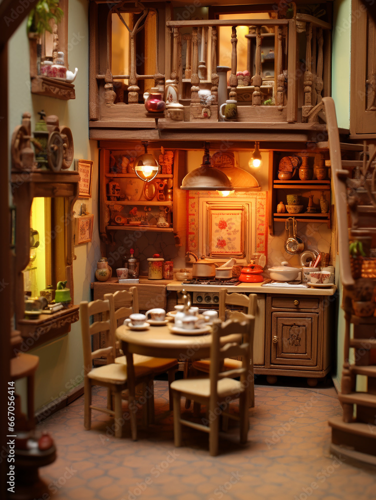Kitchen interior in a doll house. Beautiful dollhouse