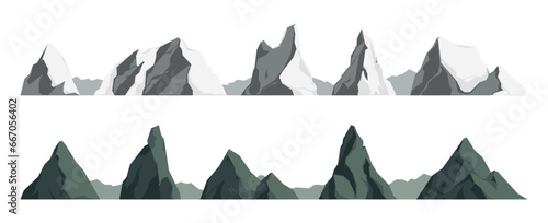 Rocky landscape elements. Cartoon mountain peaks, snowy stone rocks and cliffs, green alpine scenery with snowy peaks and craggy rocks. Vector isolated set of mountain hill peak illustration
