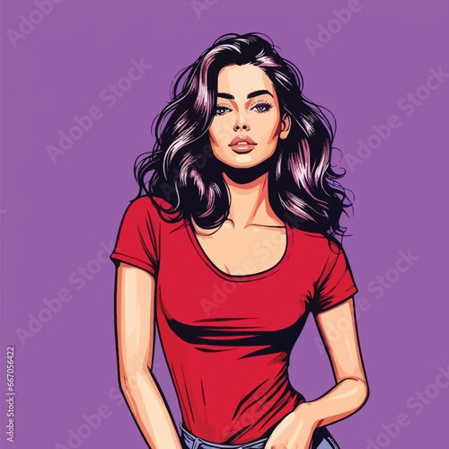 beautiful woman with  perfect posing in red t-shirt on the purple background. Vector illustration