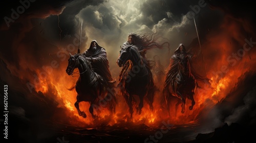 Black horsemen of apocalypse riding black horses AI
