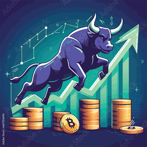 Bull run or bullish market trend in crypto currency or stocks. Trade exchange, green up arrow graph for increase in rates. Cryptocurrency price profit chart and blockchain. Global economy boom