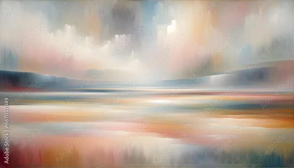 A wide canvas filled with broad swathes of muted pastel tones, embodying the spirit of Color Field Painting.