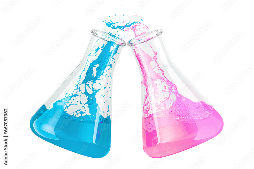 Chemistry of love concept. Flasks with pink and blue liquid, 3D rendering isolated on transparent background - obrazy, fototapety, plakaty 