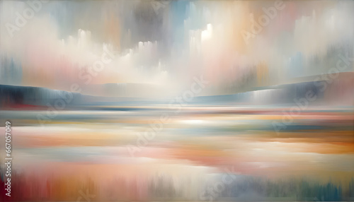 A wide canvas filled with broad swathes of muted pastel tones, embodying the spirit of Color Field Painting. photo