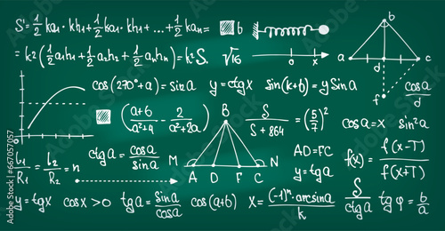 Math symbols on chalkboard. Hand drawn blackboard with mathematical equation, math problem solution and trigonometry lecture concept. Vector illustration of blackboard school math symbol