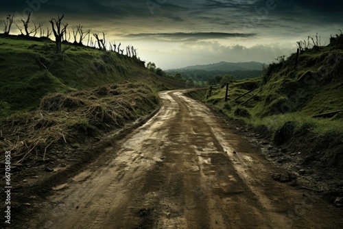 Forlorn Dirt abandoned road. Nature scary forest. Generate Ai photo