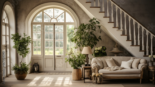 Staircase and arched window in farmhouse hallway. Rustic style interior design of entrance hall in country house