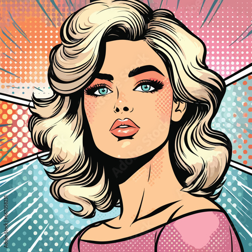 Pop art vector beautiful woman, girl, vector comics cartoon illustration with many dots and lights on background