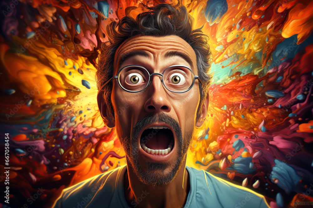 funny surprised happy man freak on a bright multicolored hallucinogenic background from drugs