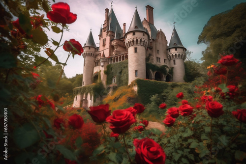 Fairytale castle overgrown with red blooming roses generative ai