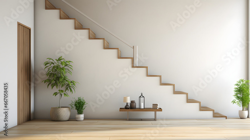 Staircase in spacious hallway. Interior design of modern rustic entrance hall with door in farmhouse. © Samira