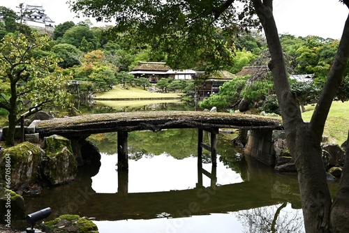 Japan tourist destination travel guide information. 'Hikone Castle' and 'Genkyuen (Japanese feudal lord's garden)'. Hikone City, Shiga Prefecture, Japan.