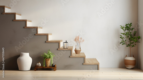 Staircase in spacious hallway. Interior design of modern rustic entrance hall with door in farmhouse.