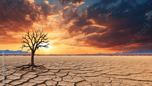 Global warming concept. Lonely dead tree under dramatic evening sunset sky at drought cracked desert landscape