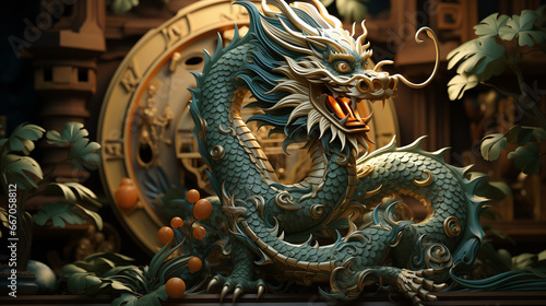 Green dragon  symbol of the New Year 2024. Generative AI