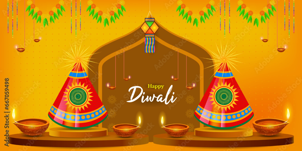 Happy Diwali festival banner with Diwali lamp and crackers.