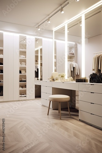 Modern white dressing room interior with furniture and mirror