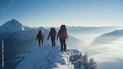 A group of mountaineers hiking to the summit at the dawn of the day