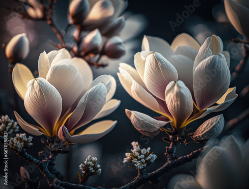 Fantasy magnolia plants and glowing flowers background