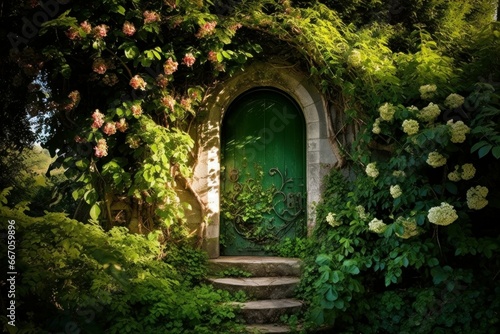 Inviting Door green garden. Nature stone old. Generate Ai