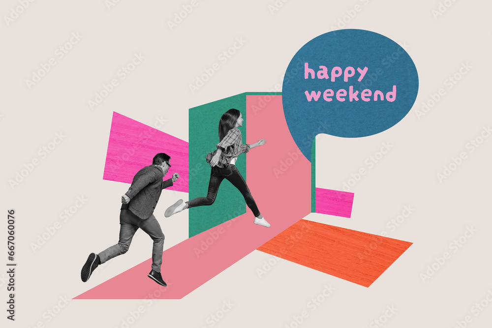 Composite collage image of funny two people man female running open door office worker celebrate friday happy weekend relax