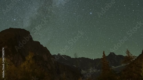 Milky Way over Mountains of Mont Blanc Massif. Switzerland. Starry Sky. Night Landscape. Time Lapse
