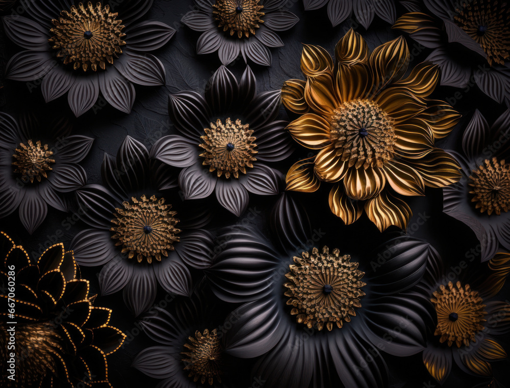 Fantasy dark black and golden plants and glowing flowers Full frame background top view