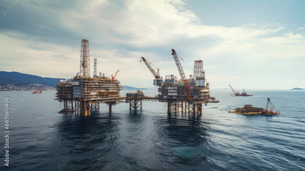 Oil platform at sea, oil production station, industry, well drilling, hydrocarbon, architecture, tower, ocean, environmental problems, tower, nature pollution, energy, power, landscape, business