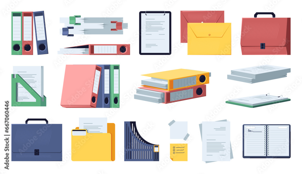 Office documents and folders. Workstation with stationary and school folder, notebook, binder and tools for study and job. Vector isolated set of office document file illustration - obrazy, fototapety, plakaty 