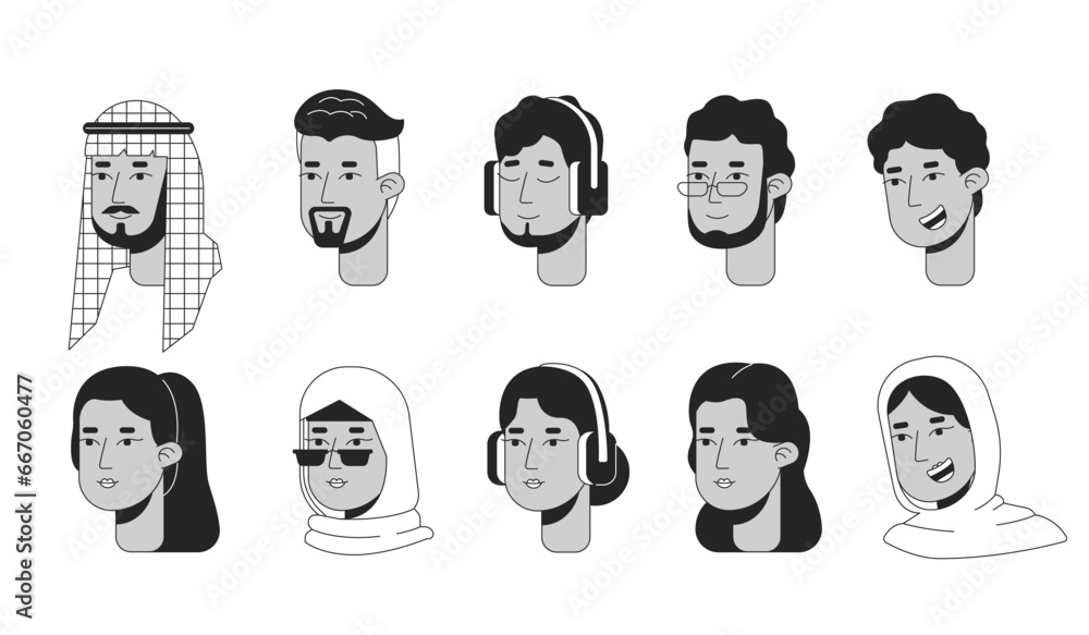 Arab middle eastern black and white 2D line cartoon character faces set. Saudi man, turkish women isolated vector outline heads people. Modern muslim monochromatic flat spot illustration bundle Arab middle eastern black and white 2D line cartoon character faces set. Saudi man, turkish women isolated vector outline heads people. Modern muslim monochromatic flat spot illustration bundle