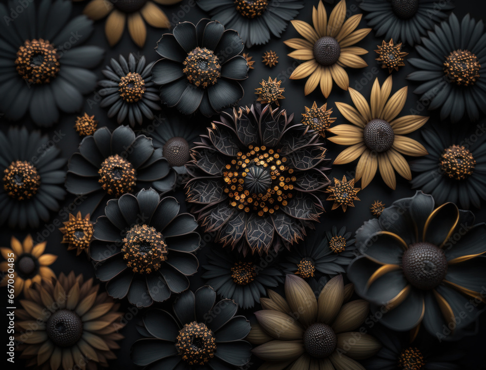 Fantasy dark black and golden plants and glowing flowers Full frame background top view
