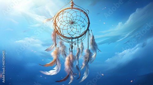 A dream catcher gently spinning in the wind, its feathers ruffling as it catches dreams, set against a backdrop of endless blue sky.