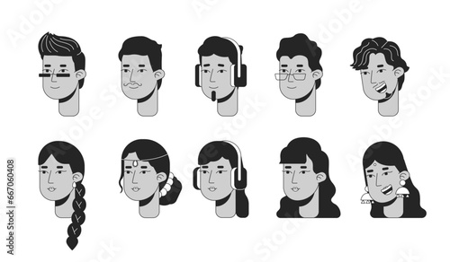 Indian modern black and white 2D line cartoon character faces set. Adults south asians isolated vector outline heads people. Traditional hindu women, men monochromatic flat spot illustration bundle