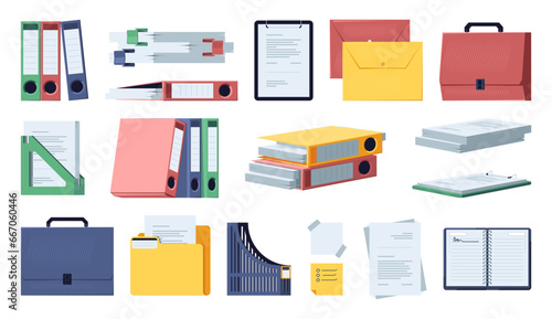 Office documents and folders. Workstation with stationary and school folder, notebook, binder and tools for study and job. Vector isolated set of office document file illustration photo