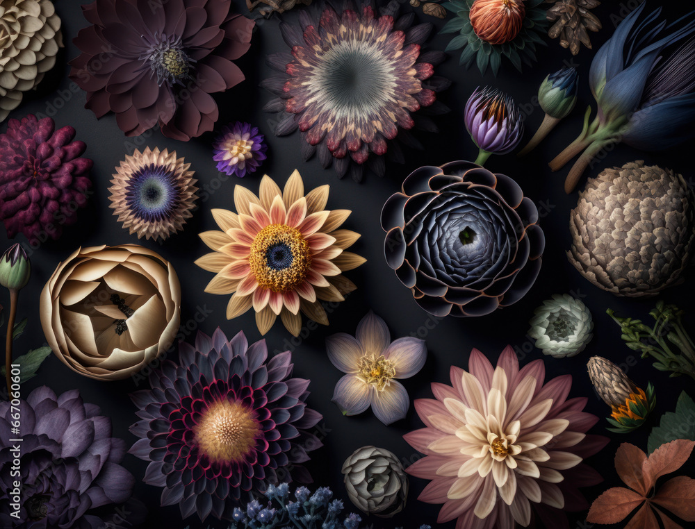 Fantasy plants and glowing flowers Full frame background top view Fantasy plants and glowing flowers Full frame background top view