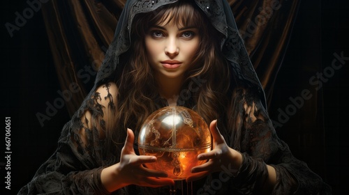 The fortune teller is holding a witch's ball