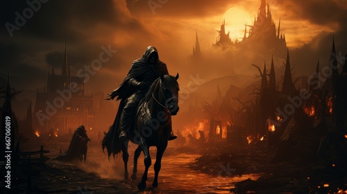 Black horseman of apocalypse riding black horse AI © Vitalii But