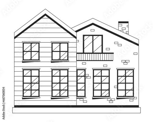 Duplex apartments black and white 2D line cartoon object. Townhouse residential isolated vector outline item. Neighborhood suburban. Dwelling exterior. Condo monochromatic flat spot illustration