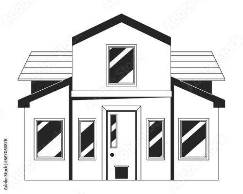 Modern single family home black and white 2D line cartoon object. Two story home isolated vector outline item. Residential area. Contemporary neighbourhood house monochromatic flat spot illustration