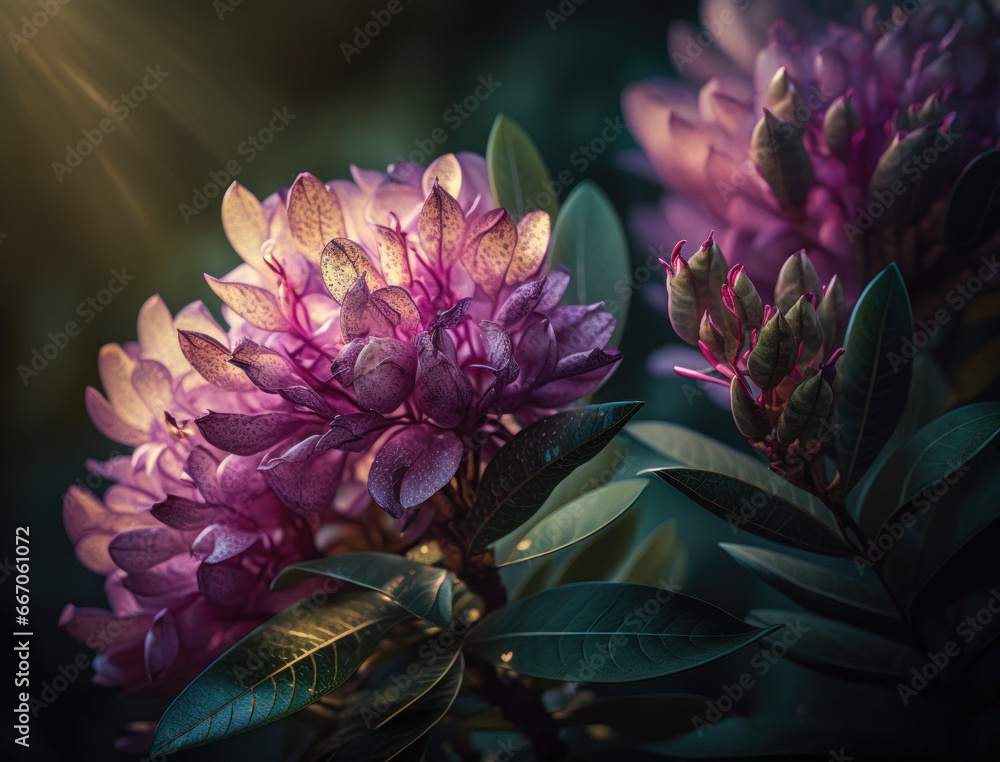 Fantasy rhododendron plants and glowing flowers background