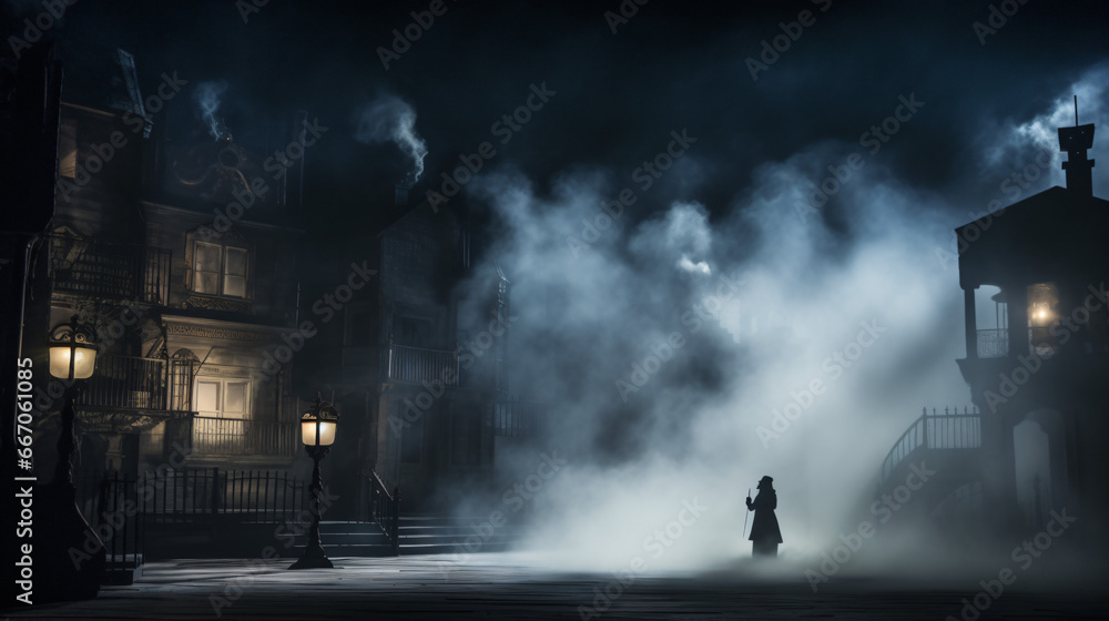 Theatrical set with fake fog and haze over a dark background