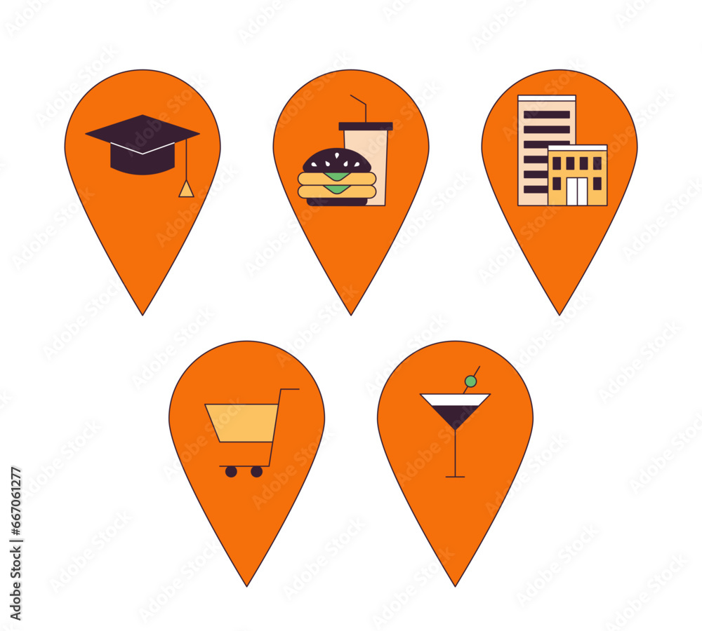Map pinpoint locations 2D linear cartoon objects set. Education retail entertainment pins destinations isolated line vector elements white background. Markers color flat spot illustration collection