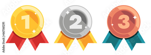 Golden silver bronze award icon. Winner trophy for different places, certificate and ribbon, medal icon for quality certificate. Vector set of bronze gold and silver illustration