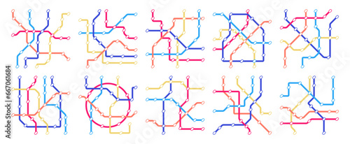 Subway map set. Underground railway metro route connection and direction, mass transport public transport route and station. Vector collection of metro underground map illustration