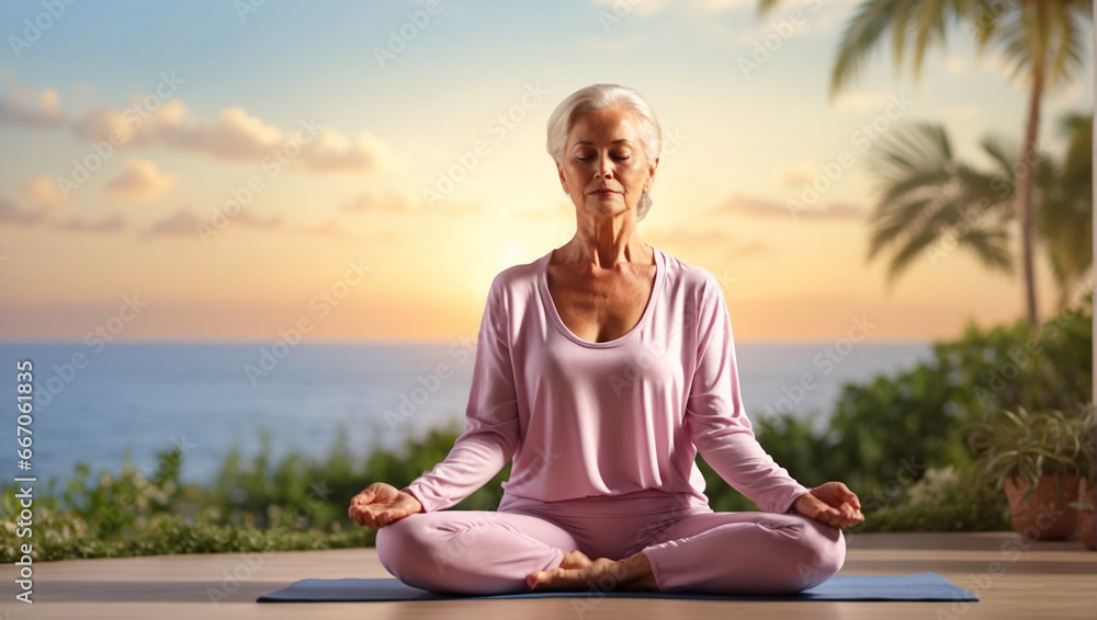 Beautiful senior woman practices yoga and meditates