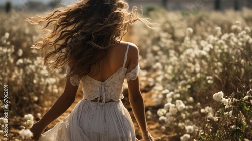 A girl in a white dress walks through a field © Mike