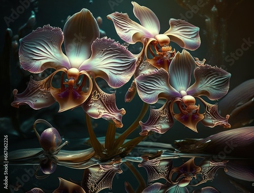 Fantasy orchids plants and glowing flowers background