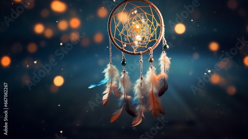 A dream catcher illuminated by soft, ethereal light, its feathers and beads casting delicate shadows, creating an aura of dreamy mystique.